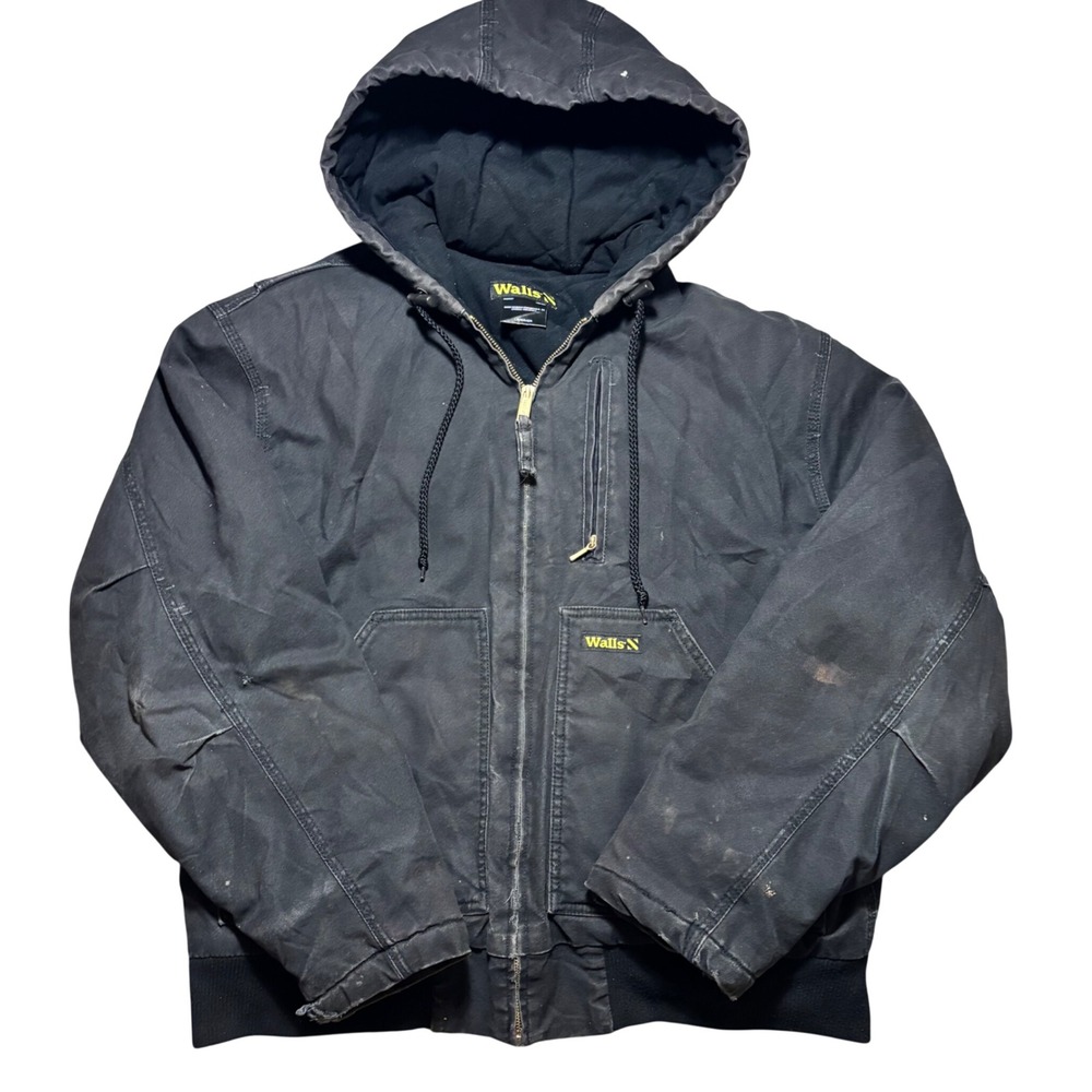 Walls Hooded Work Jacket Mens L Black‎ Good Distressed Duck Canvas Insulated